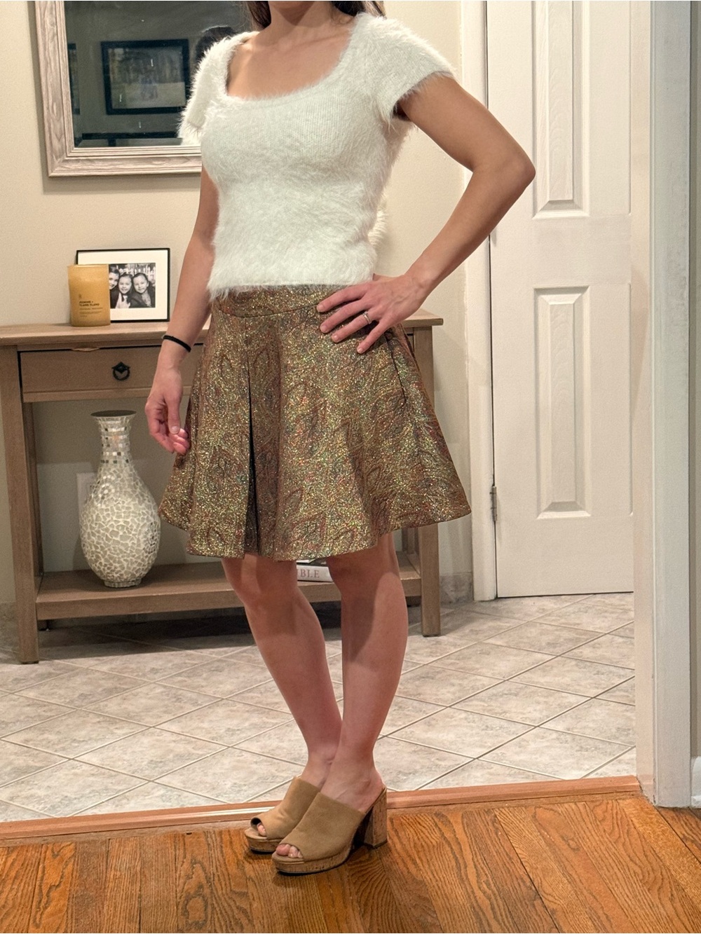 Express Metallic Gold Flared Skater Skirt